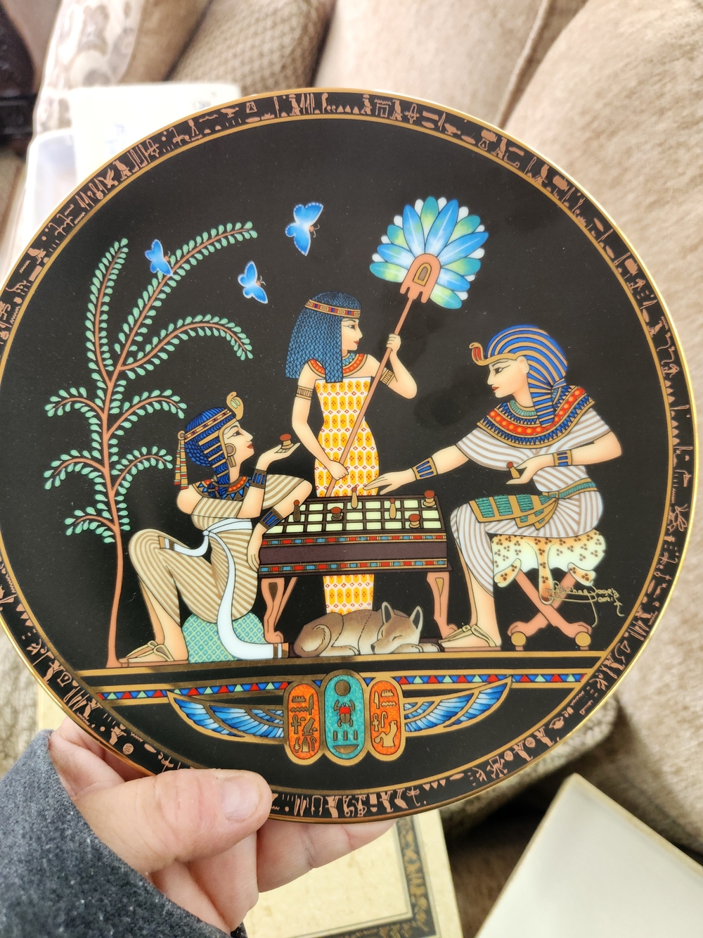 Egyptian Themed Decorative Plate with Colorful Hieroglyphic Motif
